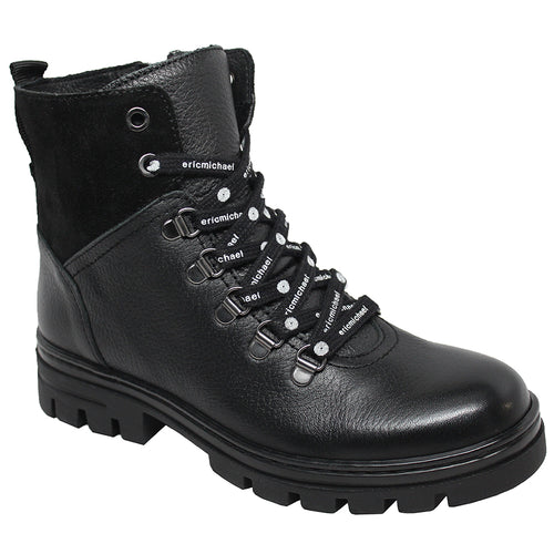 Black Eric Michael Women's Kai Leather Mid Height Combat Boot With Eric Michael Printed Laces