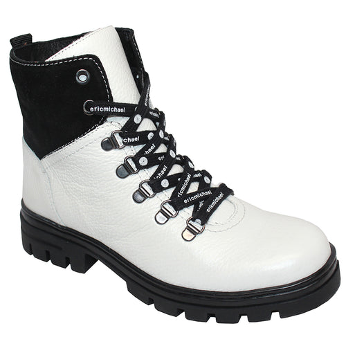 White And Black Eric Michael Women's Kai Leather Mid Height Combat Boot With Eric Michael Printed Laces