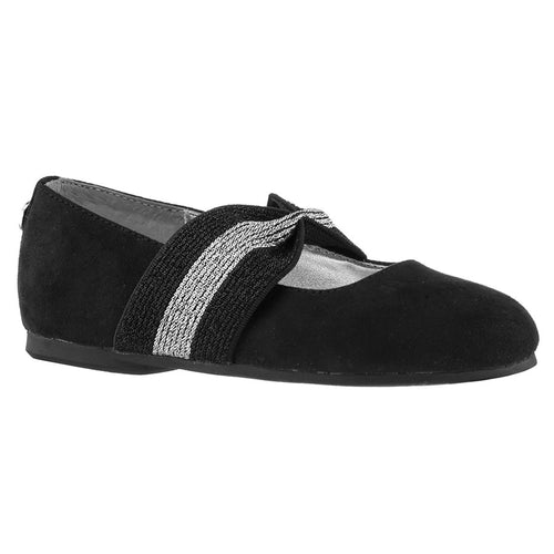 Black With Black And Silver Elastic Band Nina Doll Girl's Krissy Vegan Microsuede Ballet Flat Sizes 13 And 1 to 6 Profile View