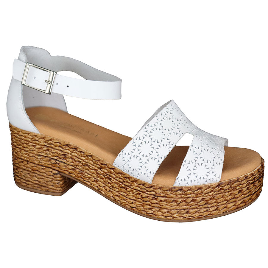 White Eric Michael Women's Kristen Perforated Designed Leather Block Heel Sandal