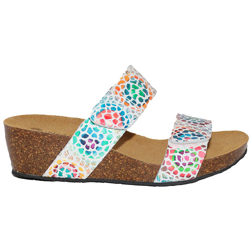 White With Mosaic Printed Colors Eric Michael Women's Liat Leather Double Strap Wedge Sandal