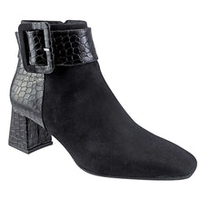 Load image into Gallery viewer, Onyx Black Ron White Women&#39;s Linzi Cashmere Suede And Crocco Embossed Leather Block Heel Ankle Boot With Large Buckle Strap And Zipper Profile View
