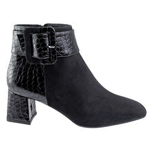 Load image into Gallery viewer, Onyx Black Ron White Women&#39;s Linzi Cashmere Suede And Crocco Embossed Leather Block Heel Ankle Boot With Large Buckle Strap And Zipper Side View
