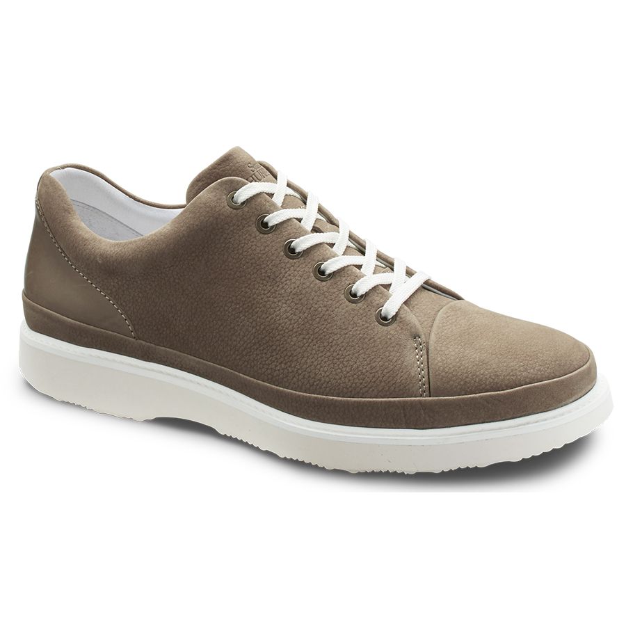 Taupe Brown With White Sole And Laces Samuel Hubbard Men's Fast Nubuck Casual Cap Toe Sneaker Profile View