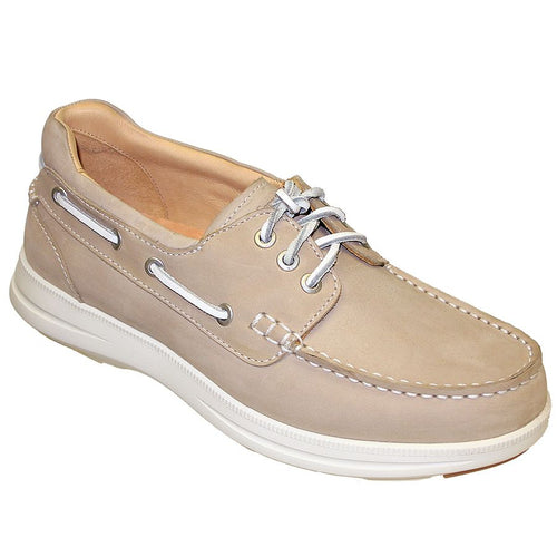 Natural Beige With White Samuel Hubbard Men's New Endeavor 3 Eye Moc Leather Boat Shoe Profile View