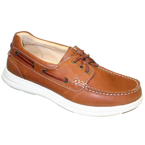 Tan With White Sole Samuel Hubbard Men's New Endeavor 3 Eye Moc Leather Boat Shoe Profile View