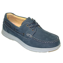Load image into Gallery viewer, Blue With Grey Sole Samuel Hubbard Men&#39;s New Endeavor 3 Eye Moc Nubuck Boat Shoe Profile View
