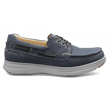 Load image into Gallery viewer, Blue With Grey Sole Samuel Hubbard Men&#39;s New Endeavor 3 Eye Moc Nubuck Boat Shoe Side View
