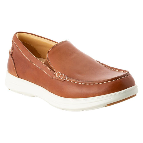 Saddlebag Tan With White Sole Samuel Hubbard Men's Blue Skies Leather Casual Slip On Profile View