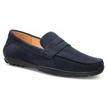 Load image into Gallery viewer, Navy with Black Sole Samuel Hubbard Men&#39;s Free Spirit Suede Penny Loafer Profile View
