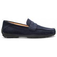 Load image into Gallery viewer, Navy with Black Sole Samuel Hubbard Men&#39;s Free Spirit Suede Penny Loafer Side View
