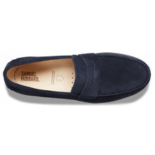 Load image into Gallery viewer, Navy with Black Sole Samuel Hubbard Men&#39;s Free Spirit Suede Penny Loafer Top View
