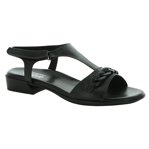 Black Munro Women's Jackie T Strap Sandal Flat With Links Ornament