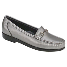 Load image into Gallery viewer, Pewter Grey With Black Sole SAS Women&#39;s Metro Metallic Leather Dress Casual Loafer With Polished Link Ornament Profile View
