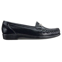 Load image into Gallery viewer, Black SAS Women&#39;s Metro Patent Dress Casual Loafer With Polished Link Ornament Side View
