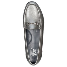 Load image into Gallery viewer, Pewter Grey With Black Sole SAS Women&#39;s Metro Metallic Leather Dress Casual Loafer With Polished Link Ornament Top View

