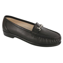 Load image into Gallery viewer, Black SAS Women&#39;s Metro Leather Dress Casual Loafer With Polished Link Ornament Profile View
