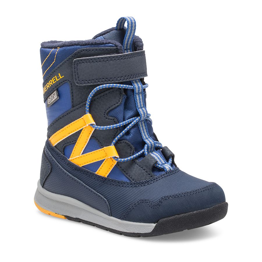 Blue With Yellow And Grey Merrell Infants Snow Crush JR Waterproof Leather And Fabric Insulated Winter Boot Sizes 5 to 9