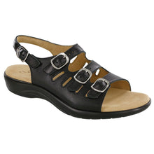 Load image into Gallery viewer, Black SAS Women&#39;s Mystic Leather Strappy Flat Sandal Profile View
