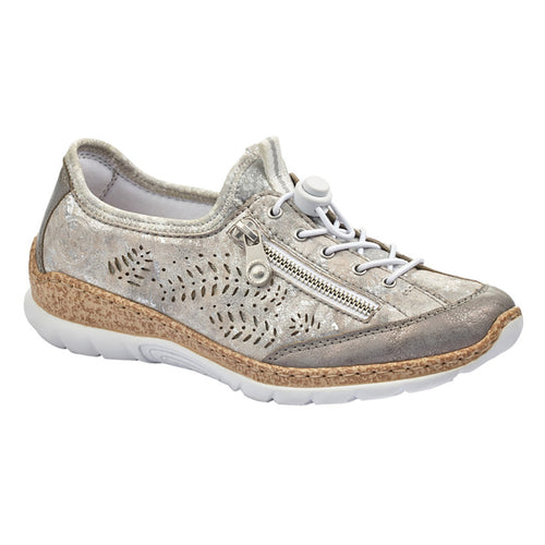 Grey With Cork And White Sole And Laces Rieker Women's N42K6 Metallic Faux Leather Casual Sneaker Oxford