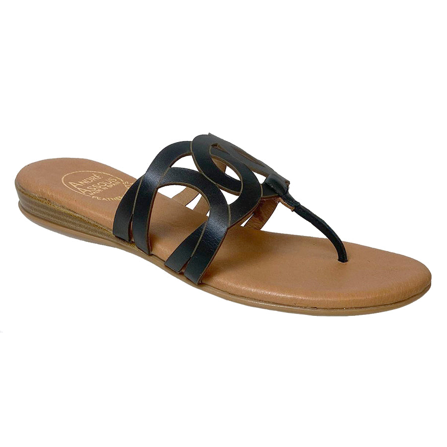 Black Andre Assous Women's Nature Laser Cut Leather Thong Sandal