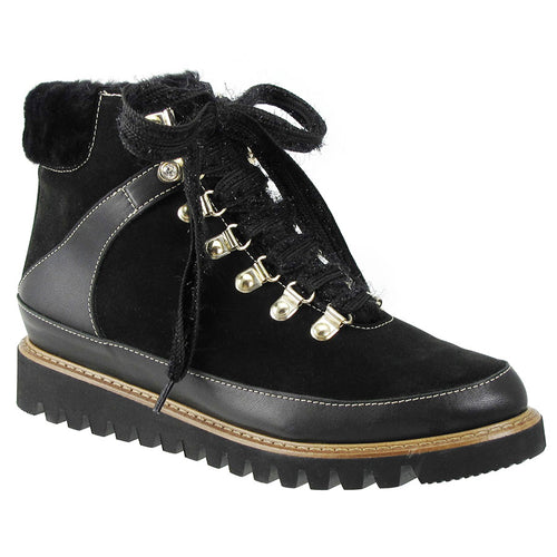 Onyx Black With Beige Ron White Women's Nazara Weatherproof Suede And Leather Casual Lace Up Ankle Boot Fluffy Collar Profile View