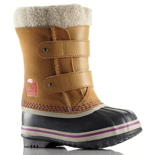 Tan With Black And White Sorel Boy's Pac Strap Waterproof Suede And Rubber Warm Lining Rain Boot Sizes 9 to 13