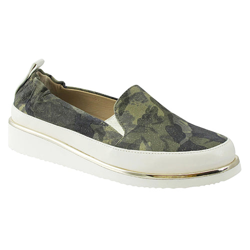 Green Camouflage With White Sole And Gold Trim Ron White Women's Nellaya Weatherproof Printed Suede Casual Slip On