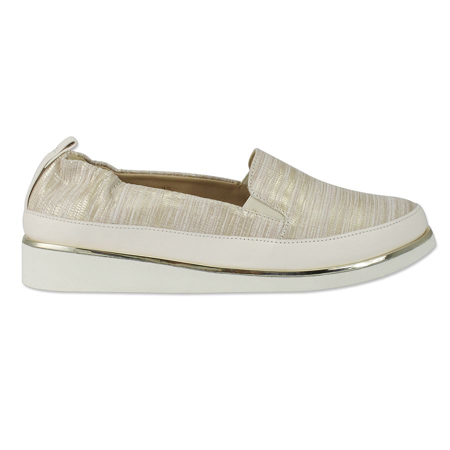 Champagne Beige Gold With White And Gold Sole Ron White Women's Nell Embossed Leather Casual Slip On