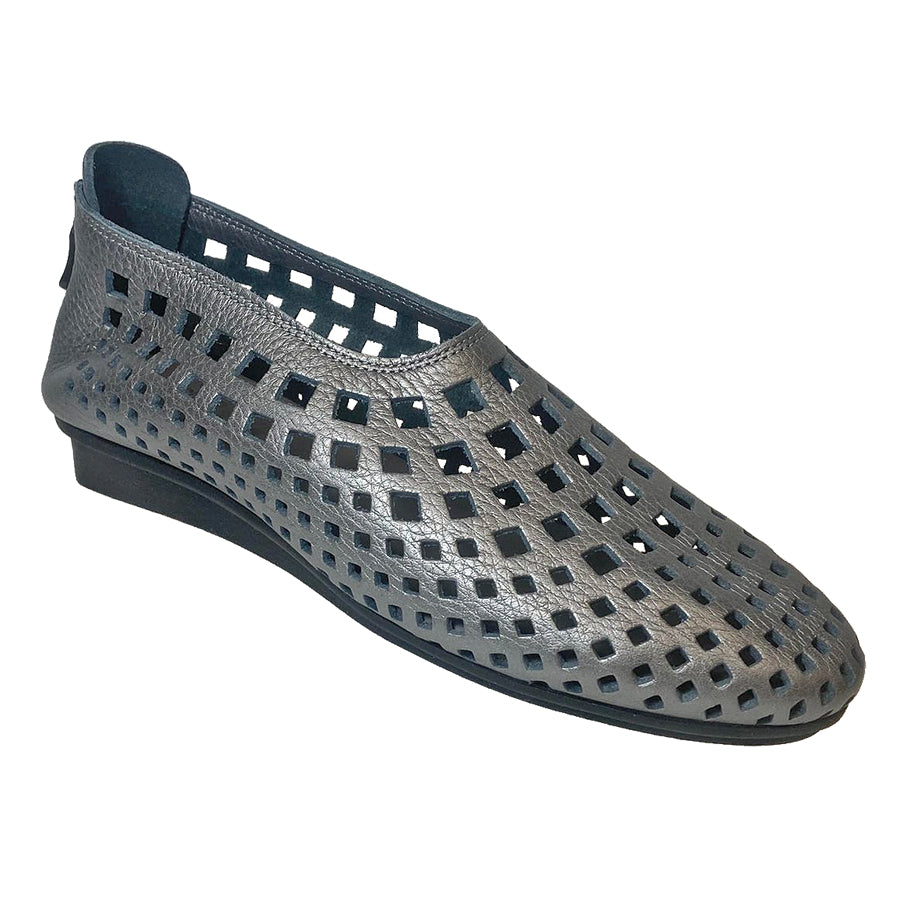 Iron Grey With Black Sole Arche Women's Nirick Perforated Metallic Leather Slip On Shoe
