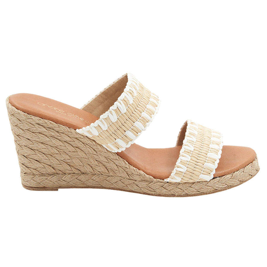 Beige And White Andre Assous Women's Nolita Double Strap Raffia Espadrille Wedge