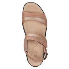 Load image into Gallery viewer, Tan With Beige And Black Sole SAS Women&#39;s Nudu Leather Triple Strap Sandal Top View
