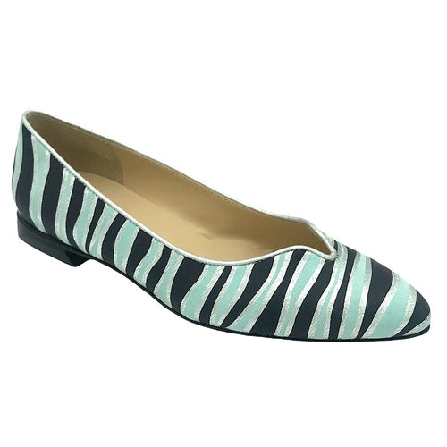 Aqua Greenish Blue With Silver And Black Stripes With Black Sole Brunate Women's Ida Combination Ballet Flat