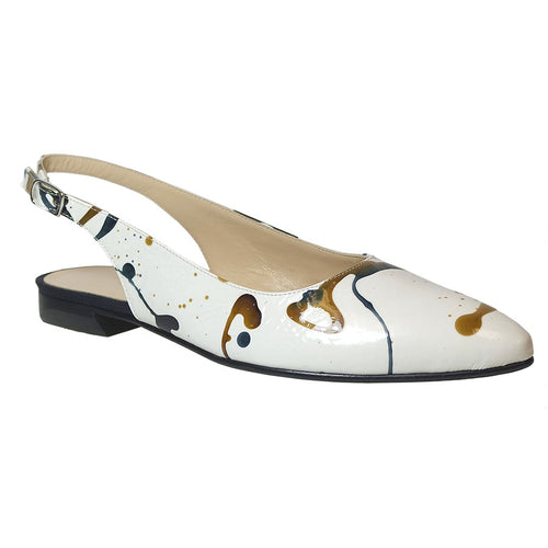White With Brown And Black Splatter Brunate Women's Pam Printed Leather Slingback Ballet Flat