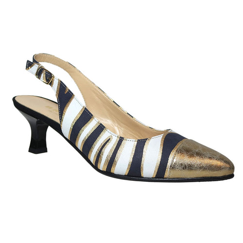 Black And Gold And White Stripe With Black Sole Brunate Jeri Leather Golden Cap Toe Slingback Pump