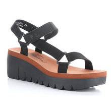 Load image into Gallery viewer, Black Fly London Women&#39;s Yefa726Fly Suede And Fabric Hook And Loop Sandal Wedge Profile View
