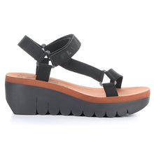 Load image into Gallery viewer, Black Fly London Women&#39;s Yefa726Fly Suede And Fabric Hook And Loop Sandal Wedge Side View
