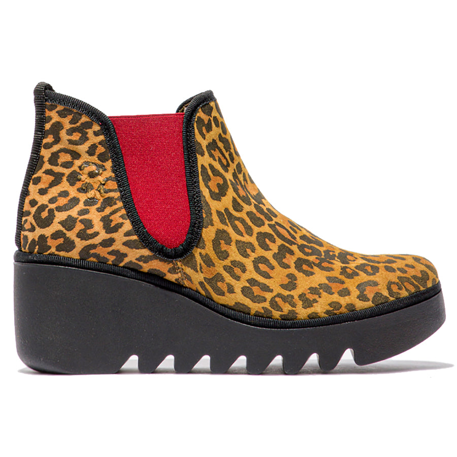 Leopard Print With Black Sole And Red Elastic Fly London Women's Byne Leather Ankle Chelsea Boot