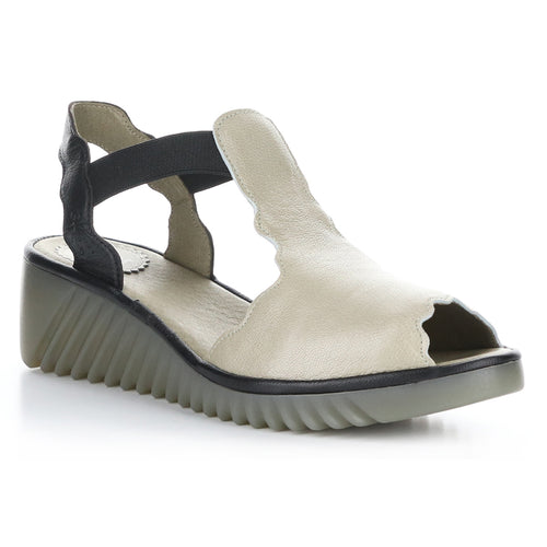 White With Black And Grey Sole Fly London Women's Linn384Fly Leather And Elastic Peep Toe Wedge Sandal