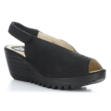 Load image into Gallery viewer, Black Fly London Yeay387Fly Nubuck Slingback Peep Toe Wedge Profile View
