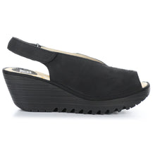 Load image into Gallery viewer, Black Fly London Yeay387Fly Nubuck Slingback Peep Toe Wedge Side View

