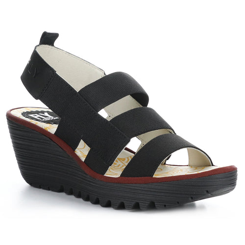 Black Fly London Women's Yery389Fly Fabric And Leather Strappy Slingback Sandal Wedge