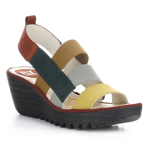 Brown With Beige And Grey And Tan And Yellow And Black Fly London Women's Yery389Fly Fabric And Leather Strappy Slingback Sandal Wedge