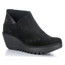 Load image into Gallery viewer, Black Fly London Women&#39;s Yego400Fly Suede Slip On Wedge Bootie Profile View
