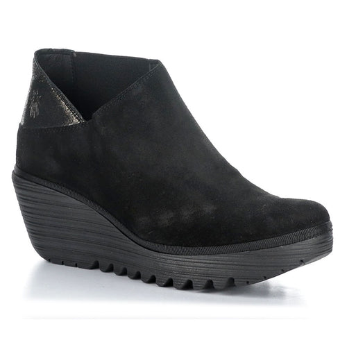 Black Fly London Women's Yego400Fly Suede Slip On Wedge Bootie Profile View
