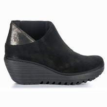 Load image into Gallery viewer, Black Fly London Women&#39;s Yego400Fly Suede Slip On Wedge Bootie Side View
