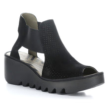 Load image into Gallery viewer, Black Fly London Women&#39;s Biga412Fly Perforated Suede And Leather Fashion Wedge Sandal Profile View
