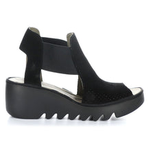 Load image into Gallery viewer, Black Fly London Women&#39;s Biga412Fly Perforated Suede And Leather Fashion Wedge Sandal Side View
