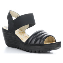 Load image into Gallery viewer, Black Fly London Women&#39;s Yiko414Fly Leather And Elastic Triple Strap Slingback Wedge Sandal Profile View
