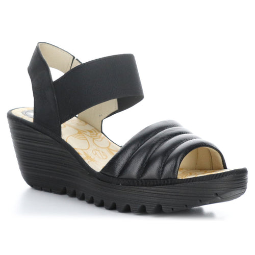 Black Fly London Women's Yiko414Fly Leather And Elastic Triple Strap Slingback Wedge Sandal Profile View